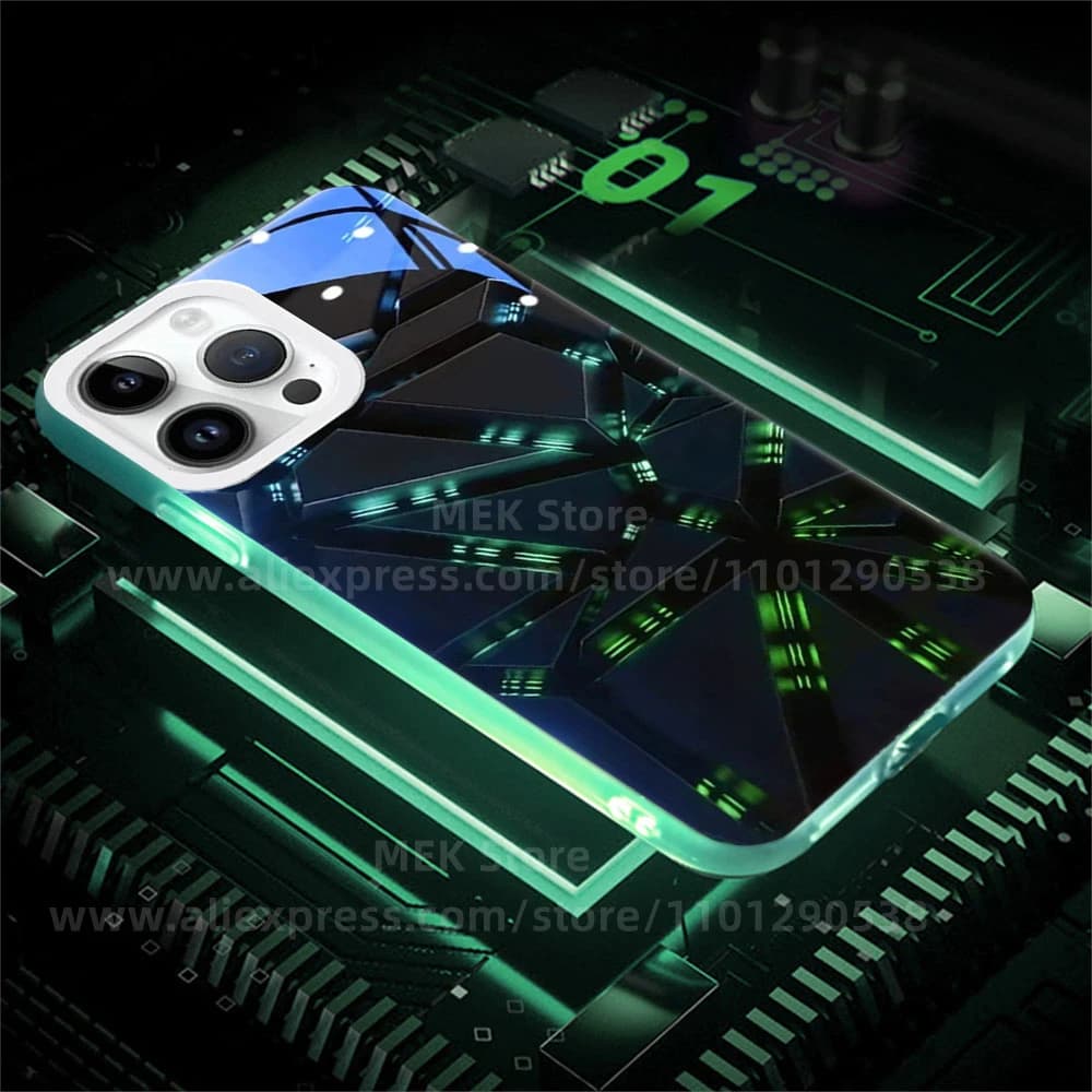 Mechanical Rhombus Pattern LED Light Transparent Glitter Call Flash Cover Case For iPhone Air 17 Pro Max 12 11