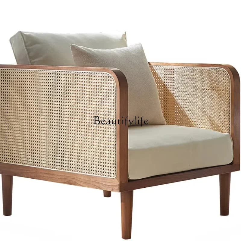 1LNordic solid wood rattan sofa B & B leisure wabi-sabi wind living room small apartment