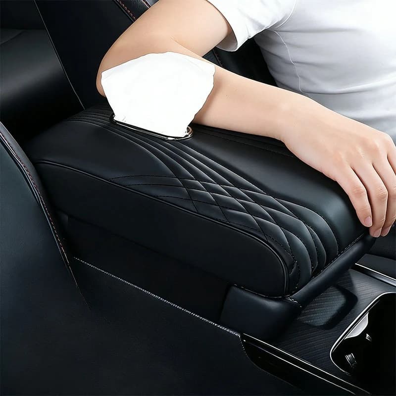 Universal Extended Car Armrest Cushion Pad with Tissue Holder Side Storage Pockets Center Console Interior Accessory 1PC