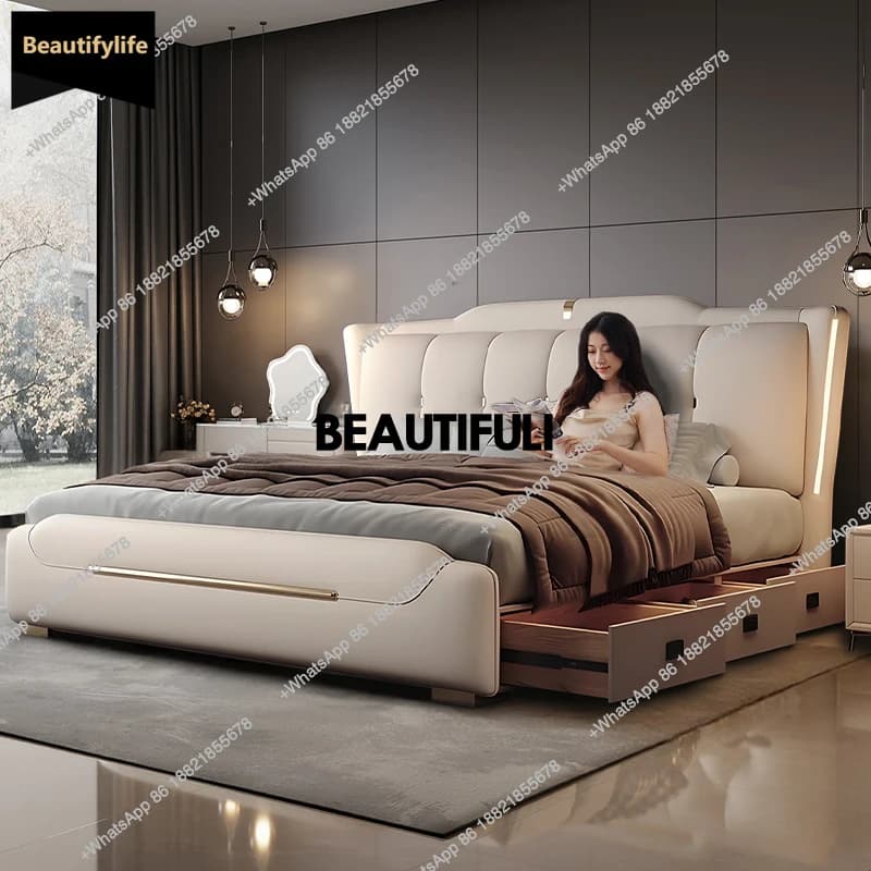 D80 Unique Drawer Double Bed Design Beige Minimalist White Storage Double Bed Frame Wooden Japanese Cama Matrimonial Furniture H