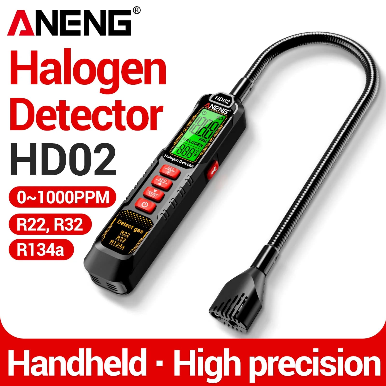 ANENG HD02 Halogen Leak Detector R22 R32 R134a AC Tester Flexible Probe Sound Light Alarm for Refrigeration Maintenance Work
