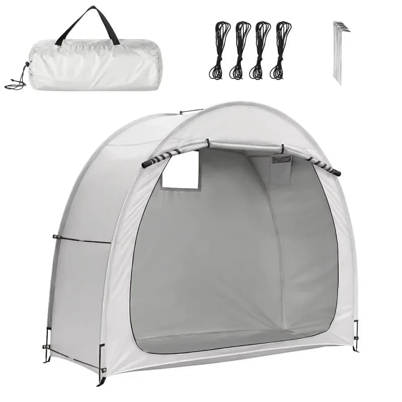 Light grey 6.8x2.6ft bike storage tent, silver coated Oxford cloth fiberglass frame curved bike shed