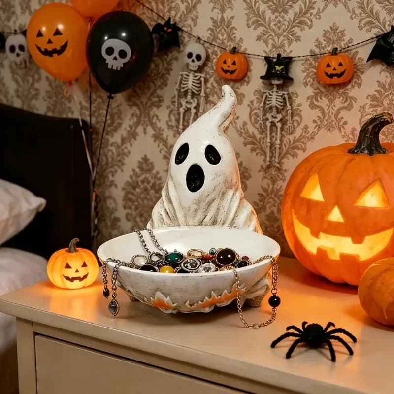 Resin Ghost Jewelry Box Halloween Candy Storage Shelves Creative Desktop Ornament Display Holder Home Party Decoration Gift