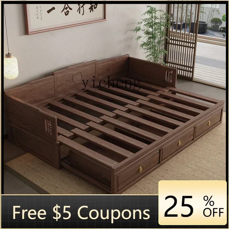 AA Push-pull living room couch telescopic storage with box sofa bed new Chinese walnut solid wood Arhat bed