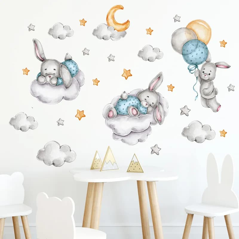 Watercolor Cartoon Rabbit Balloons Clouds Wall Sticker For Children's Room Nursery Vinyl Wall Art Decals Kids Room Home Decor