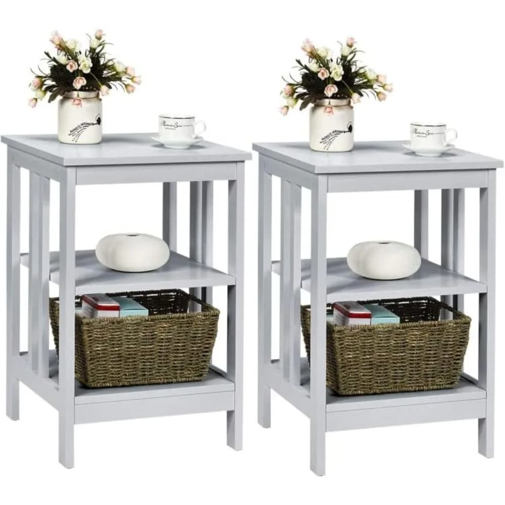 End Table Side Table with 3-Tier Storage Shelf for Living Room, Bedroom, Stable Wooden Frame, Easy Assembly