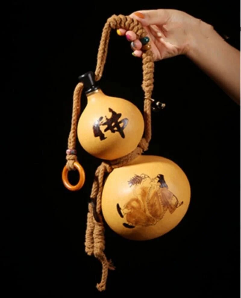 5" Natural Wine Gourd Carved Ji Gong Buddhist Monk Out Water Calabash Bottle