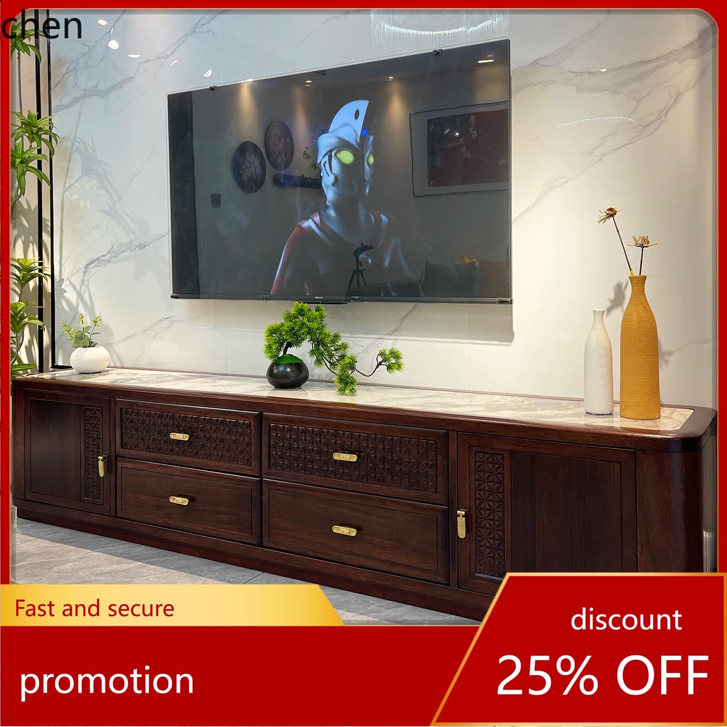 CZ TV Cabinet and Coffee Table Set Ebony Wood Rock Slab TV Stand Floor-standing Living Room Furniture