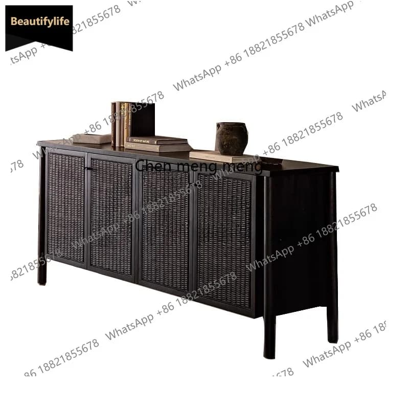 A139 French retro solid wood dining side cabinet, wabi-sandy wind porch cabinet, woven rattan shoe cabinet, wall locker