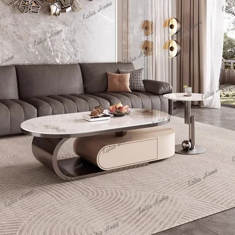 Factory Direct Luxury Design Coffee Table Oval Stainless Steel With Storage Living Room Side Tables Space Saving Mesa De Centro