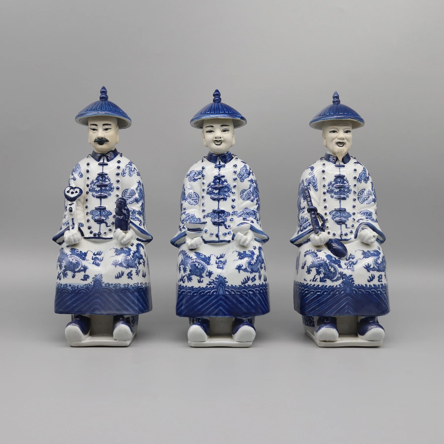 Chinese Emperor in Qing Dynasty, Blue and White Ceramic Figurine, Table Accessory
