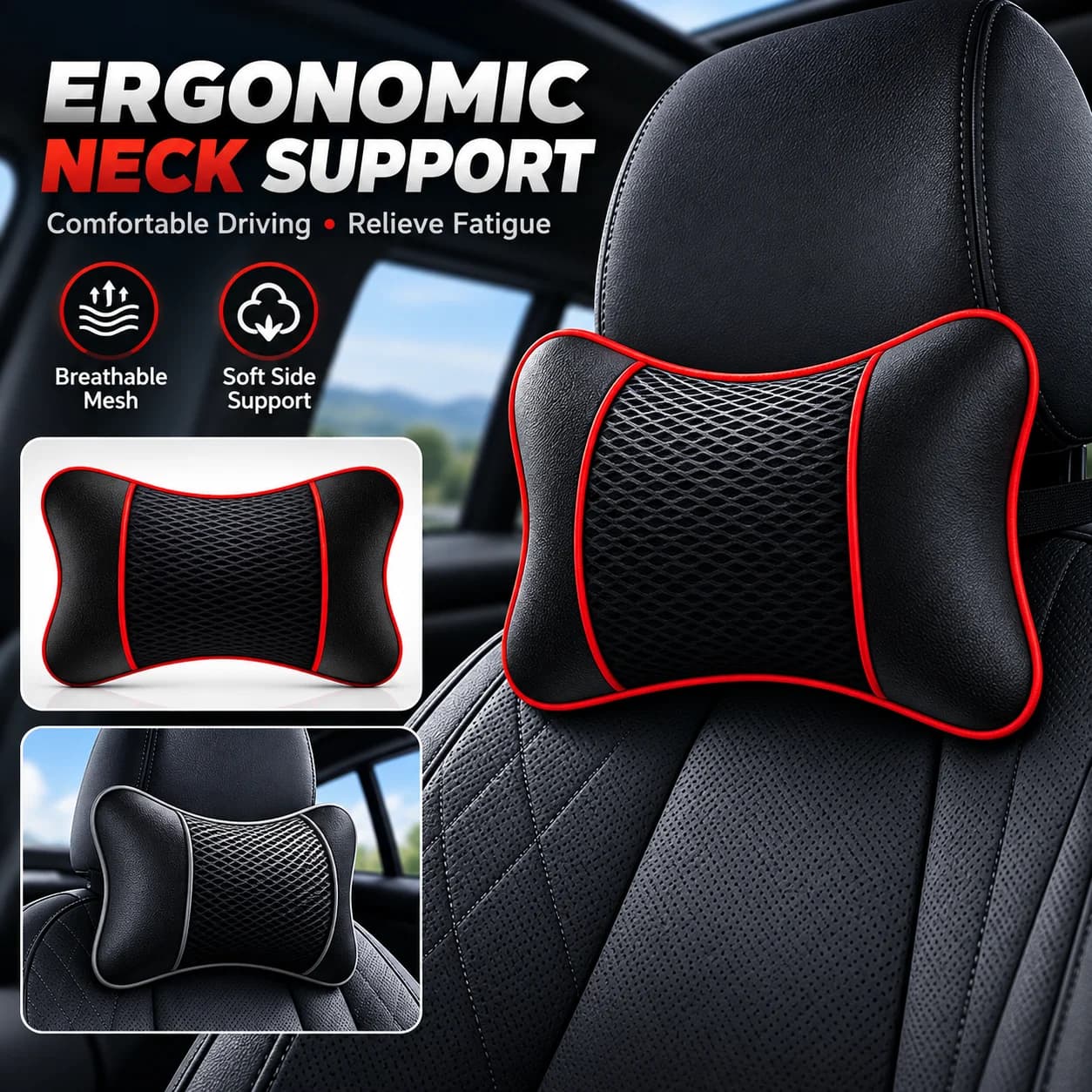 Universal Car Headrest Neck Pillow 1/2PCS PU Leather Breathable Mesh Cushion Comfortable Seat Rest Support Interior Accessory