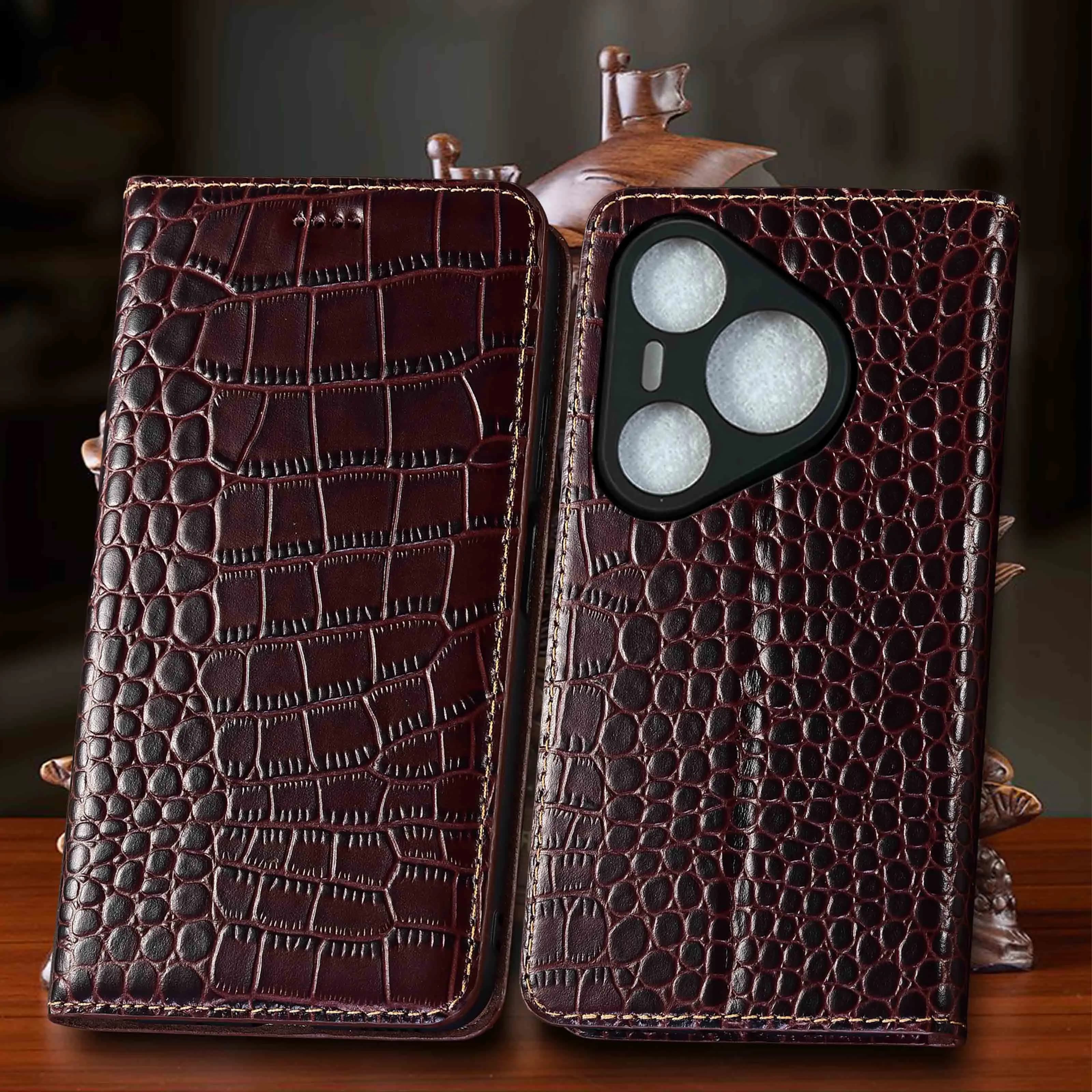 Genuine Leather Flip Phone Case For Huawei Pura 70 80 90 90s Pro Max Plus Ultra Crocodile Pattern Flip Cover Case Scratch-Proof