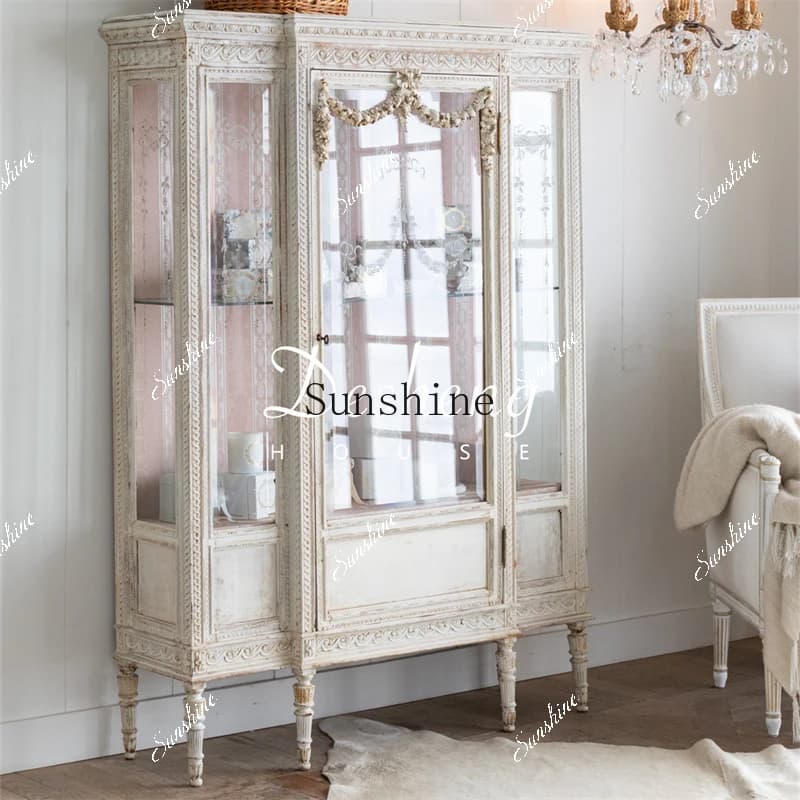 French retro old solid wood hand-carved princess glass cabinet display outlet  FT