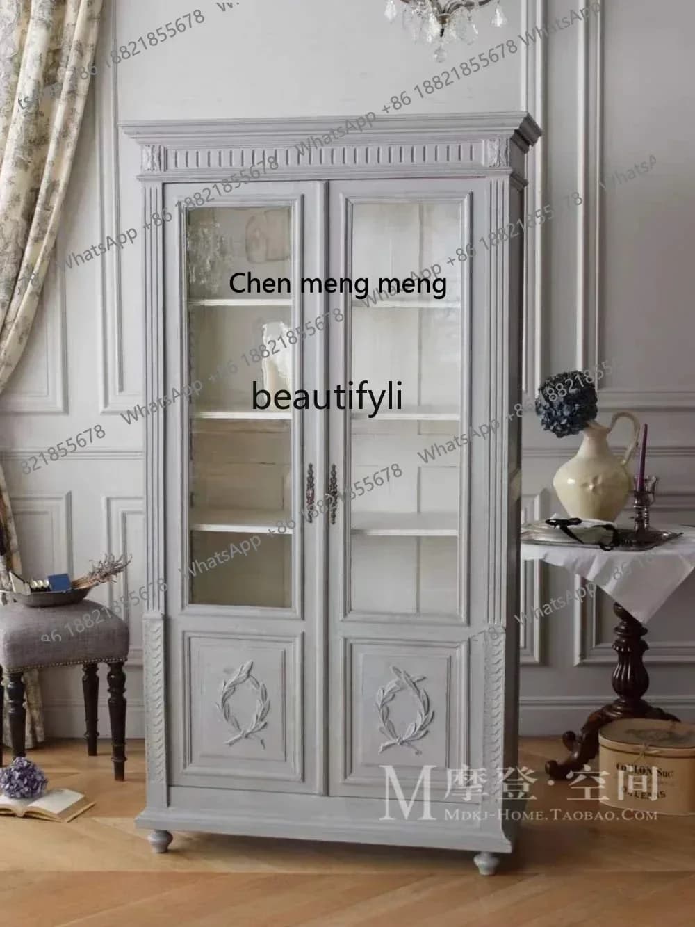 X American solid wood wine cabinet French bookcase for old dining edge oak storage decoration display cabinet