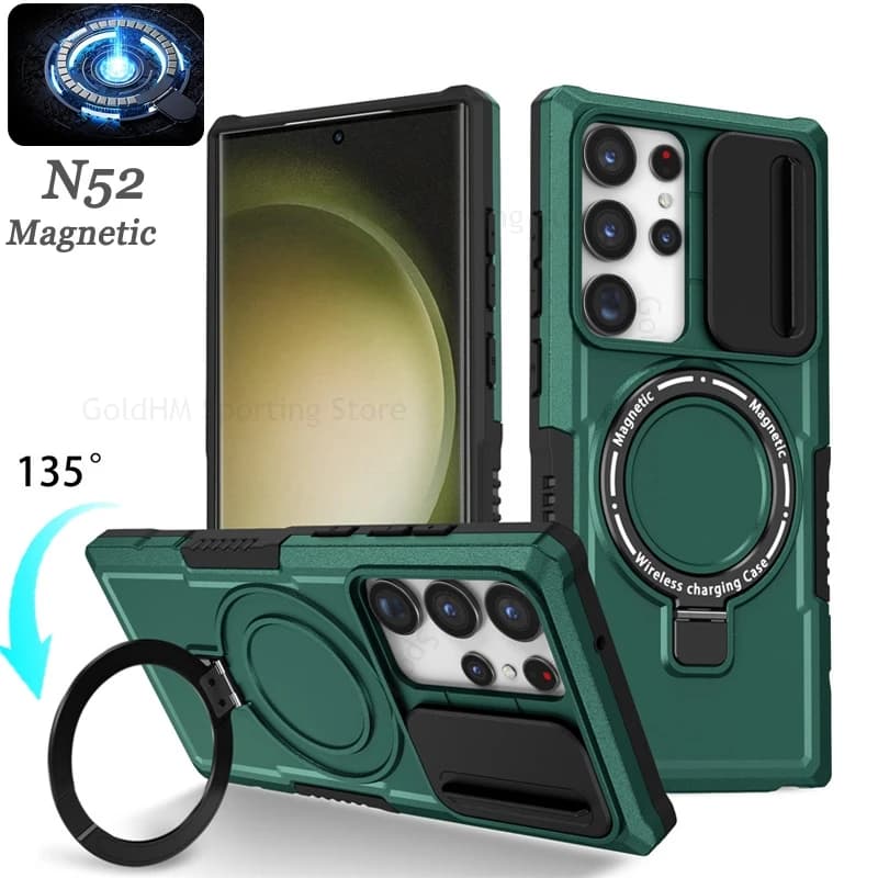 Rugged PC Heavy Duty Armor Case For Samsung S25 Edge S24 Ultra Slide Lens Magnetic Stand Cover For Galaxy S25 Ultra S23 S24 Plus
