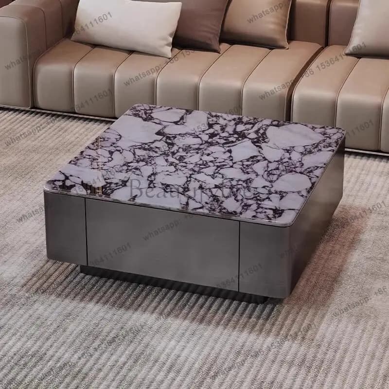 Italian minimalist natural marble coffee table light luxury stainless steel square coffee table