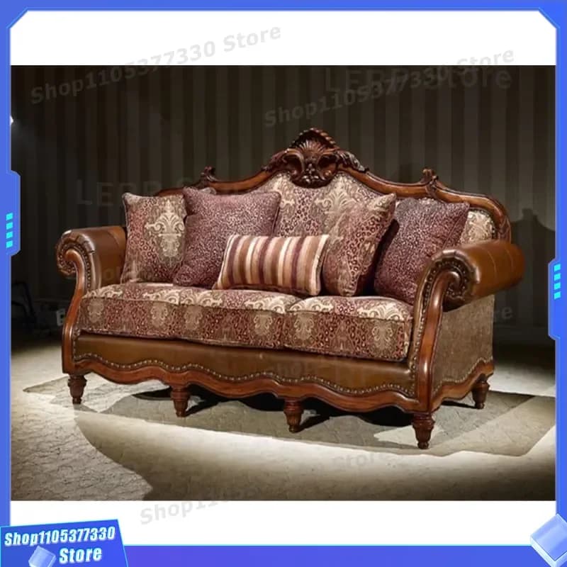 Classic Leather Sofa with Wood Carving Antique Living Room Furniture Vintage Style Comfortable Couch for Home Decor YC2007