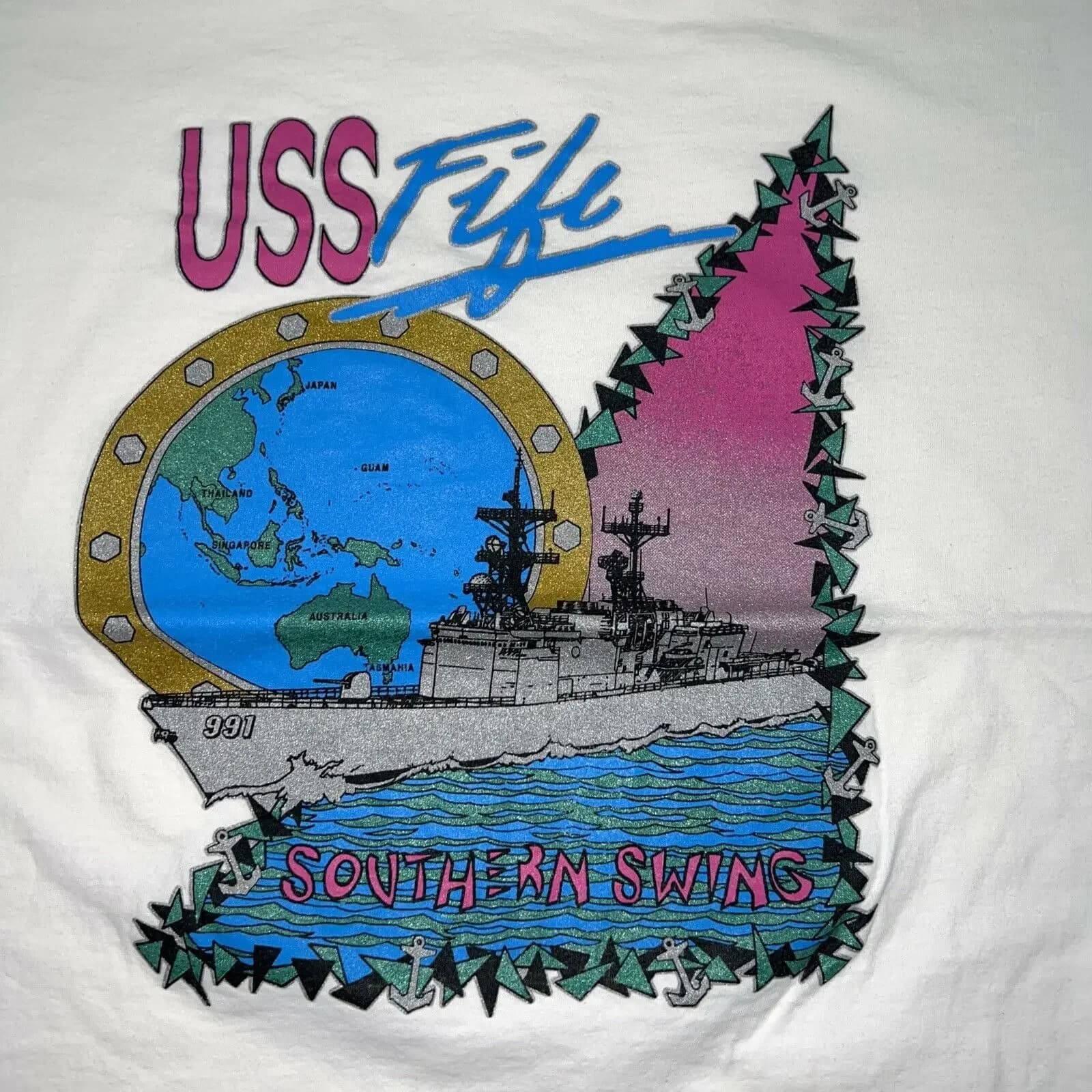 Vintage 90s USS Battle Ship T-Shirt Size Adult Men's Short Sleeve White Cotton O-Neck Tshirt S-3XL