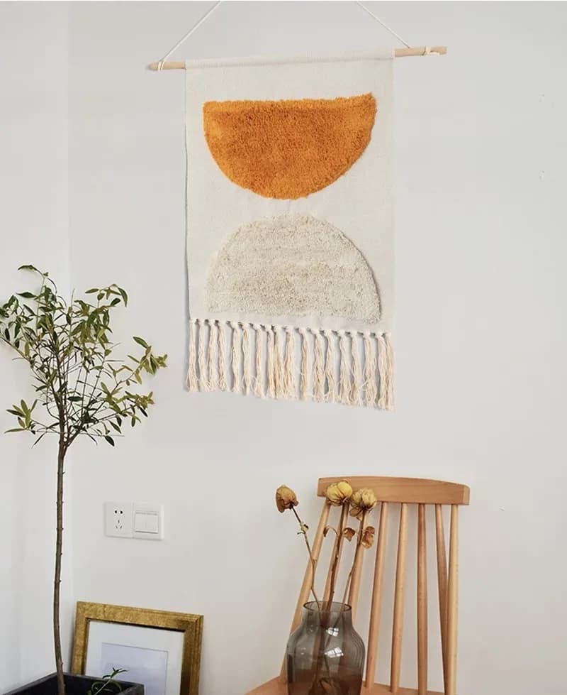 Handwoven Cotton Linen Wall Hanging Tapestry, Boho Half Circle Tufted Wall Art with Tassels, Home Decor for Living Room Bedroom.