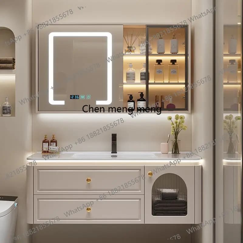 Solid wood bathroom cabinet ceramic, wash basin cabinet combination modern simple washbasin, cream bathroom cabinet