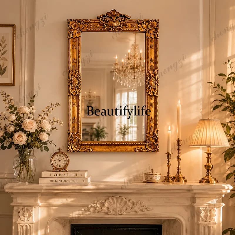 French retro wall-mounted bathroom mirror baroque fireplace decorative mirror light luxury carved makeup mirror
