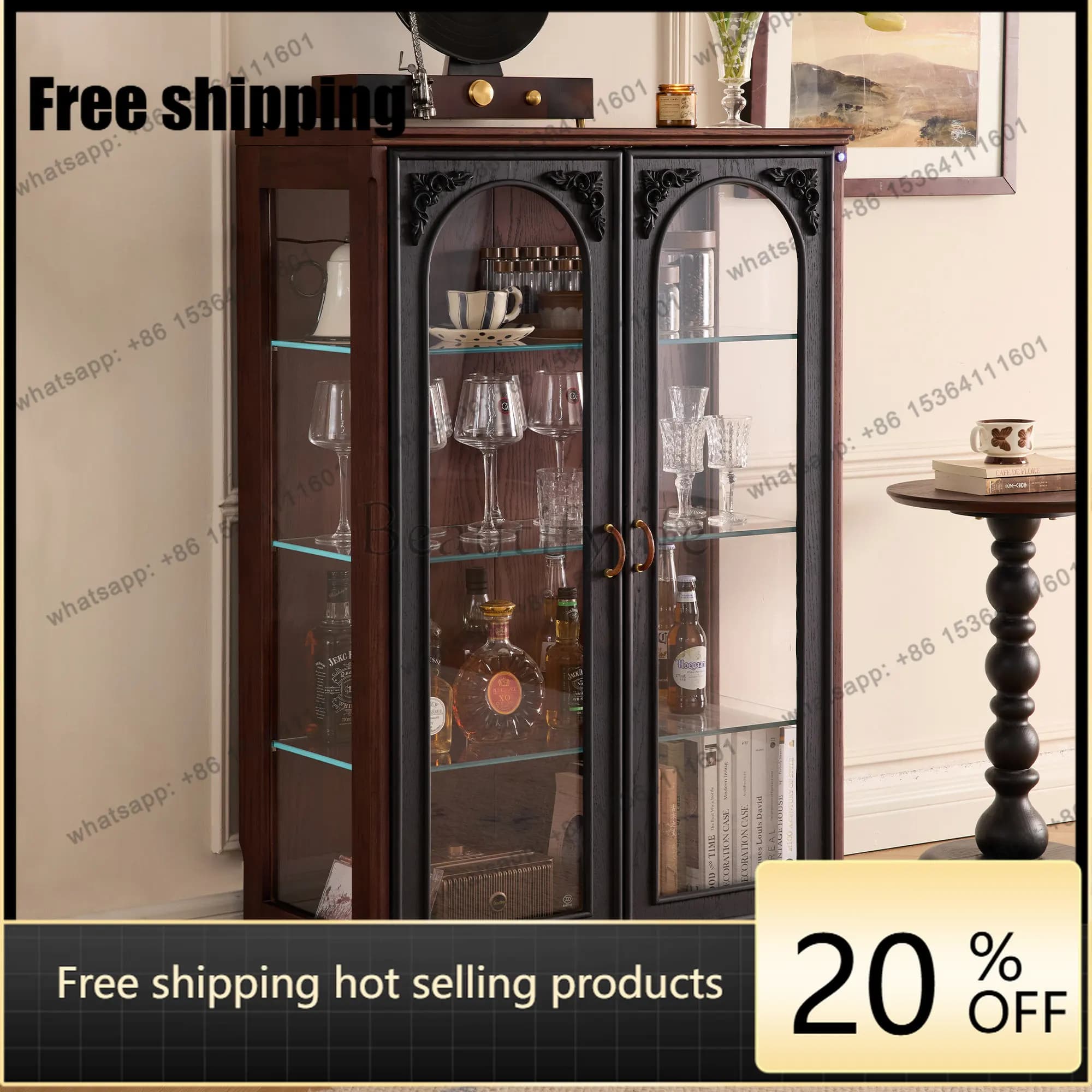 LD French retro solid wood display cabinet living room glass display cabinet