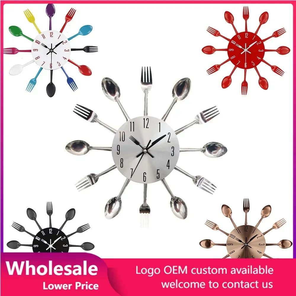Kitchen Wall Clock Spoon Fork Creative Cutlery Quartz Wall Mounted Clocks 3D Metal Mural Decal Wall Sticker Home Decor