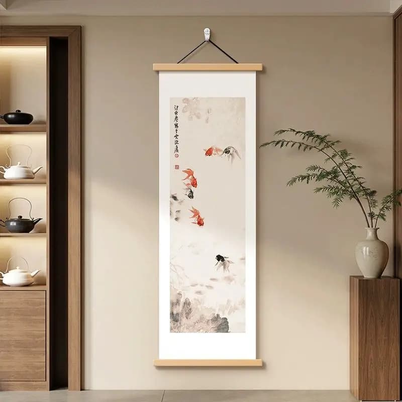 Golden Abundance Chinese Floral Hanging Scroll for Hallway