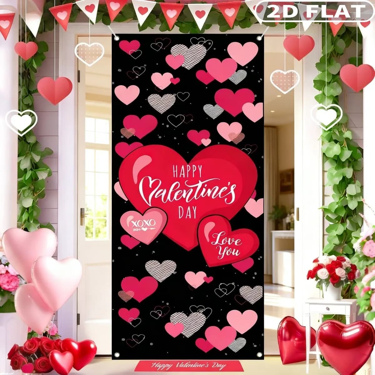 1pc Happy Valentine's Day Door Cover with Grommets, 30x71 Inch Valentine's Day Heart Shaped Door Cover, Durable Polyester
