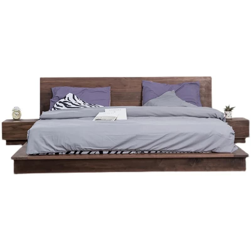 Nordic solid wood bed modern simple Japanese short  double tatami bed black walnut floor 1.8m wedding bed