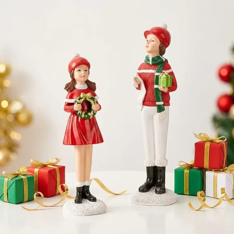 for Redeco Heartwarming Resin Christmas Sculpture Set Boy With Gift Girl With Wreath Red Festive Accent Home Decor
