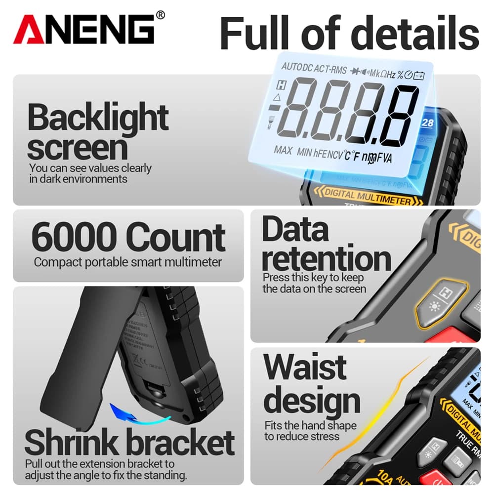 ANENG M128 Smart Multimeter 6000 Counts AC/DC Voltage Tester Ammeter Non-Contact Induction Ohm Capacitor Diode Detector Tool