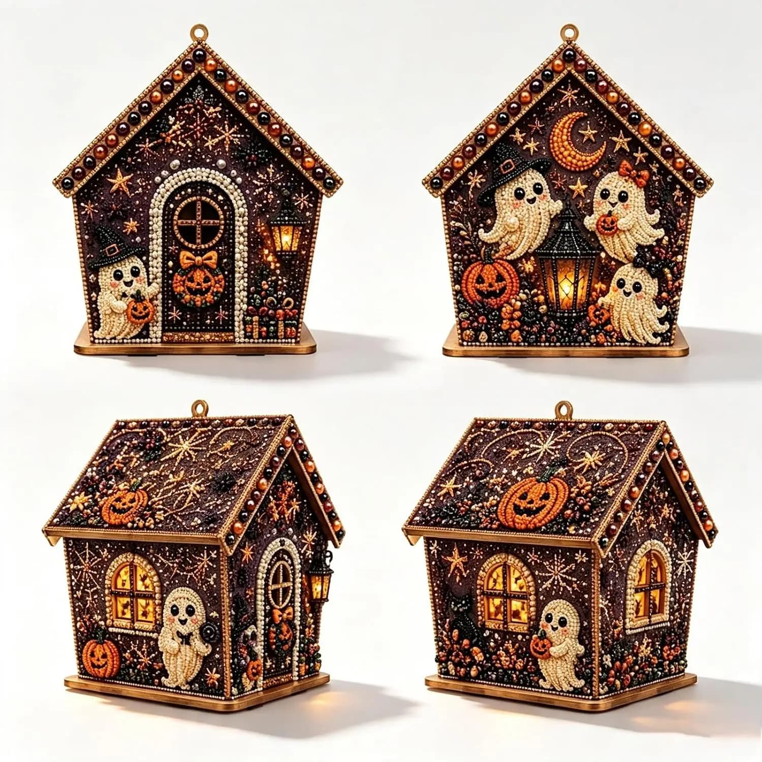Moonlit Wooden Cottage 3D Pearl Art Kit Collection, Halloween House Diamond Painting Kits for Adults