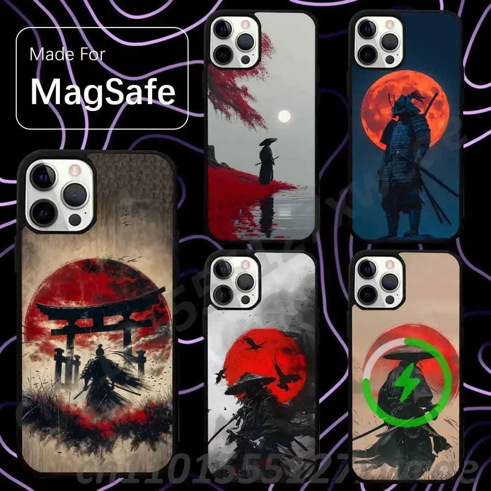 Samurai Japan Ghost Art For Magsafe Wireless Charger Case For iPhone 15,16,17,13,14,11,12,Pro,Max,Plus,E,Air,Mini Magnetic