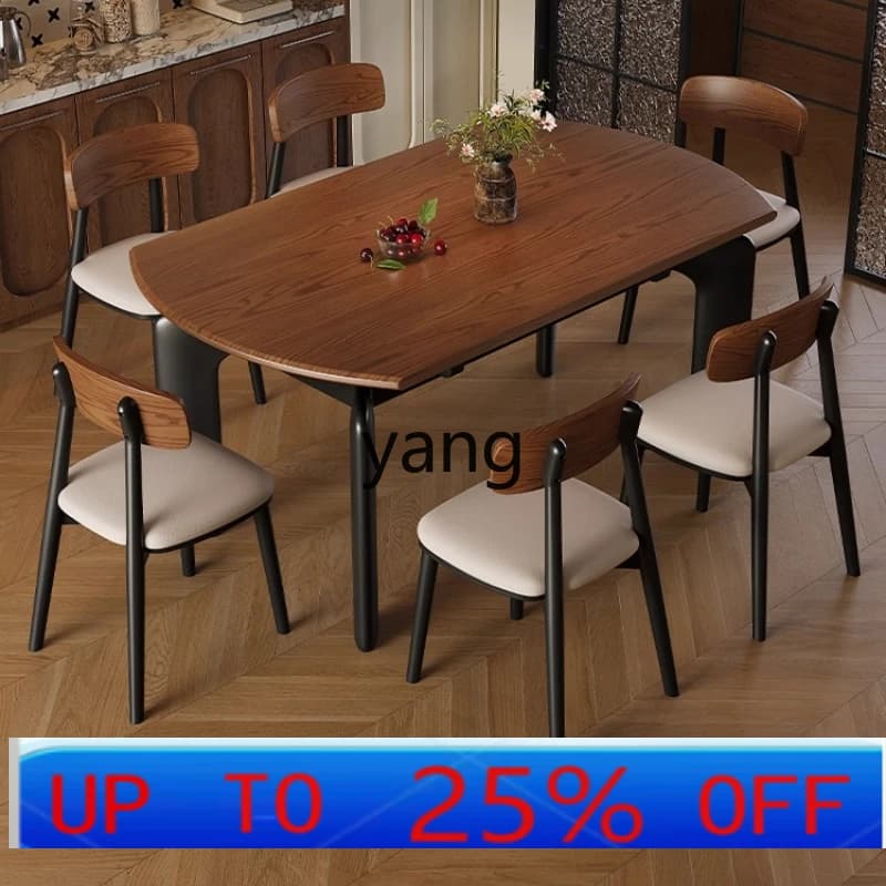 LM Vintage Style Solid Wood Dining Table Convertible Round Table Retro Home Use Small Apartment
