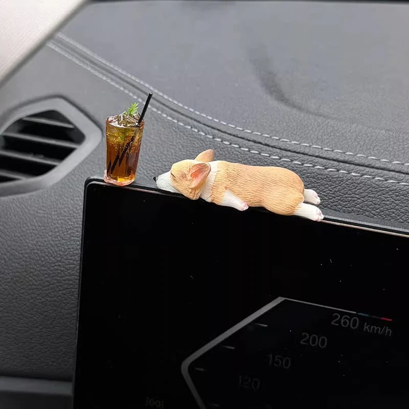 1set Creative Mini Sleep Corgi Car Gadget Car Central Control Cartoon Animal Decoration Micro-Landscape Resin Diy HomeDecoration