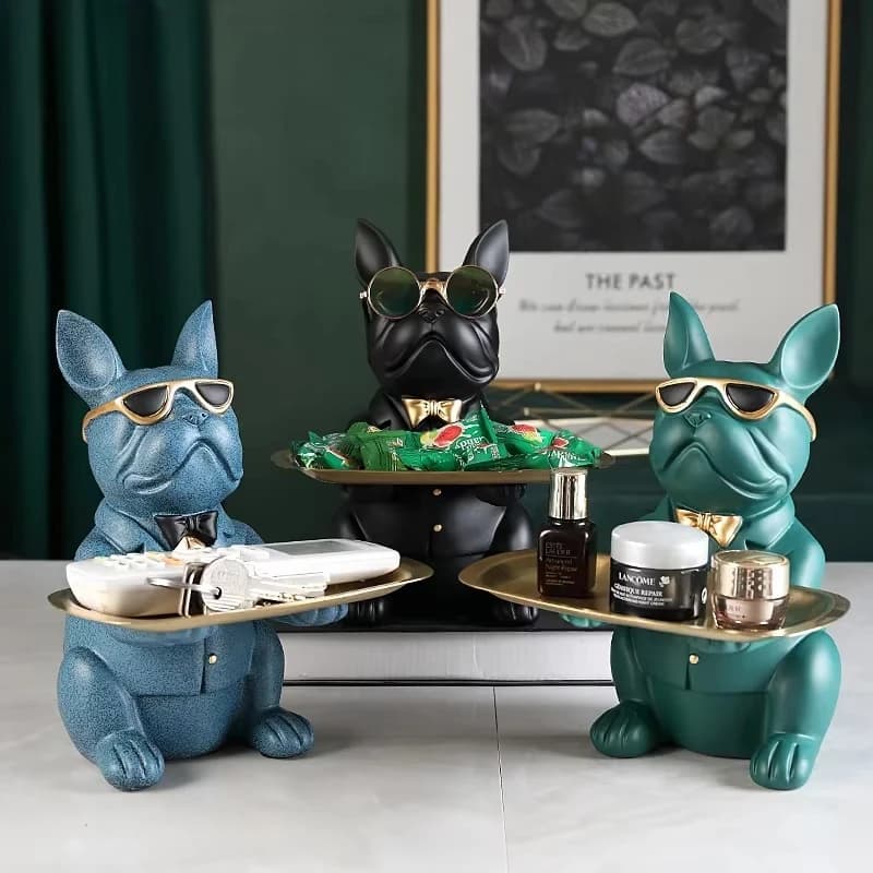 French Bulldog Figurine with Tray Sculpture Desk Storage Statue Decorative Coin Bank Home Room Abstract Art Decoration