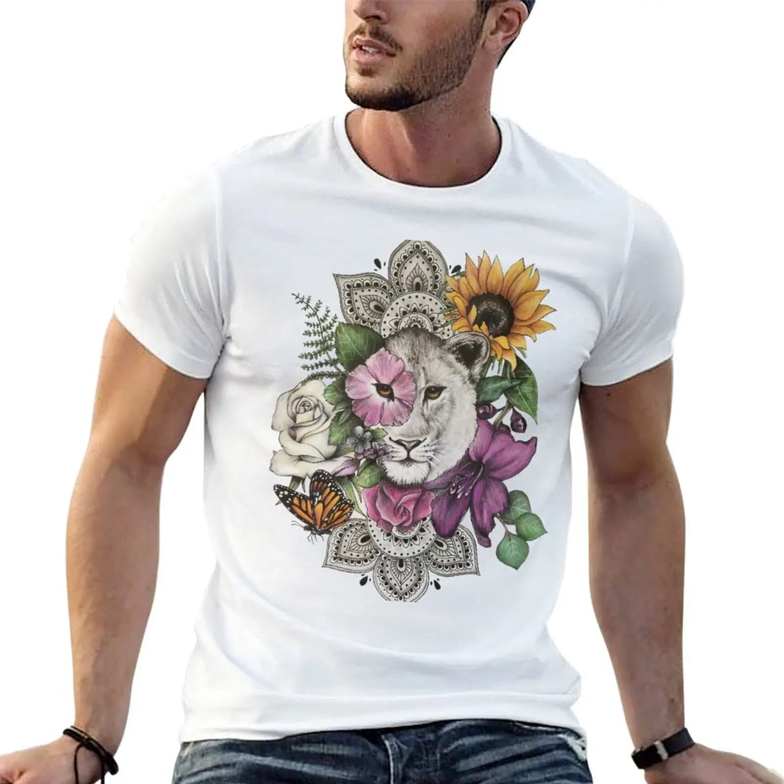 Lioness Floral Mandala T-Shirt heavyweights Clothing T-shirt men