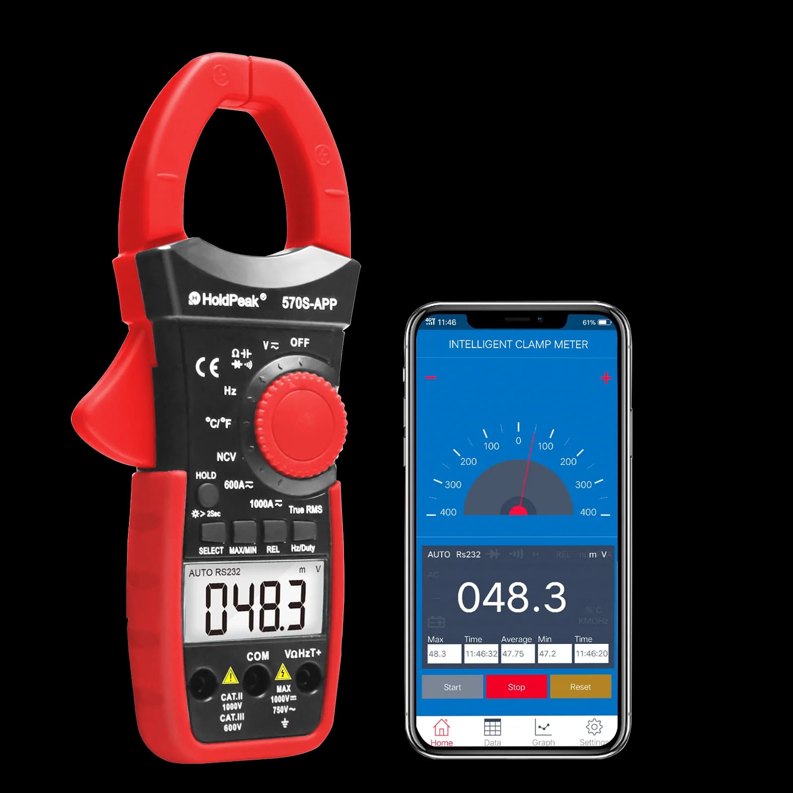 HP-570S-APP Digital Clamp MeterVolt Amp Ohm Tester 6000 Count Multimeter with Auto Range