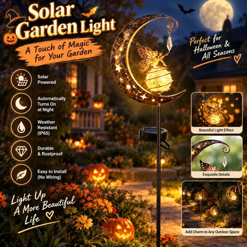 Solar LED Moon Fairy Garden, Light Outdoor Metal Stake Lamp, Crackled Glass Ball Waterproof Yard, Lawn Patio Decoration Gift New