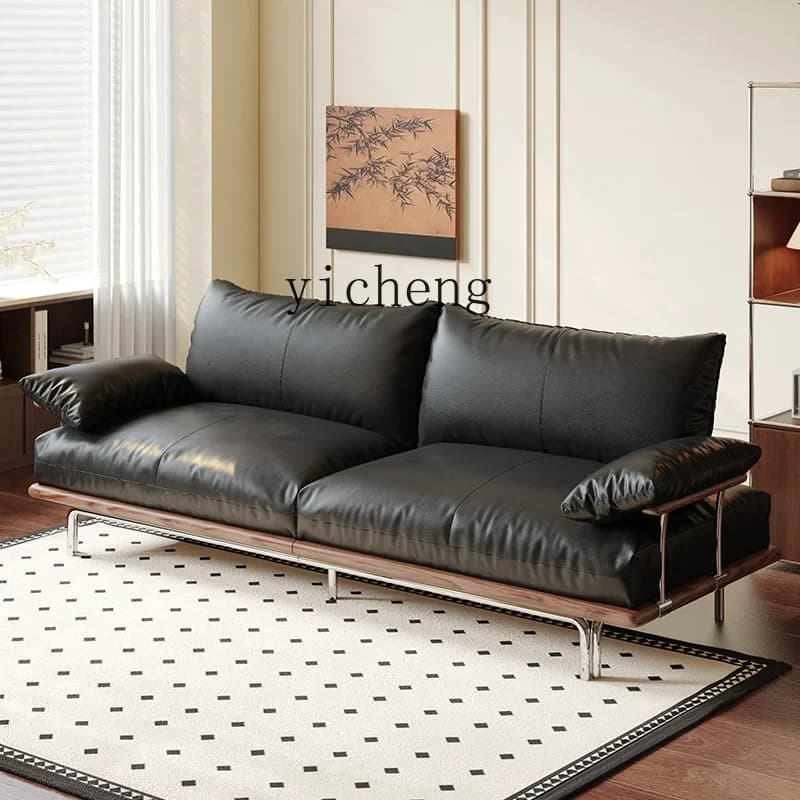 X5-26   furniture black leather sofa straight row three living room solid wood sofa retro
