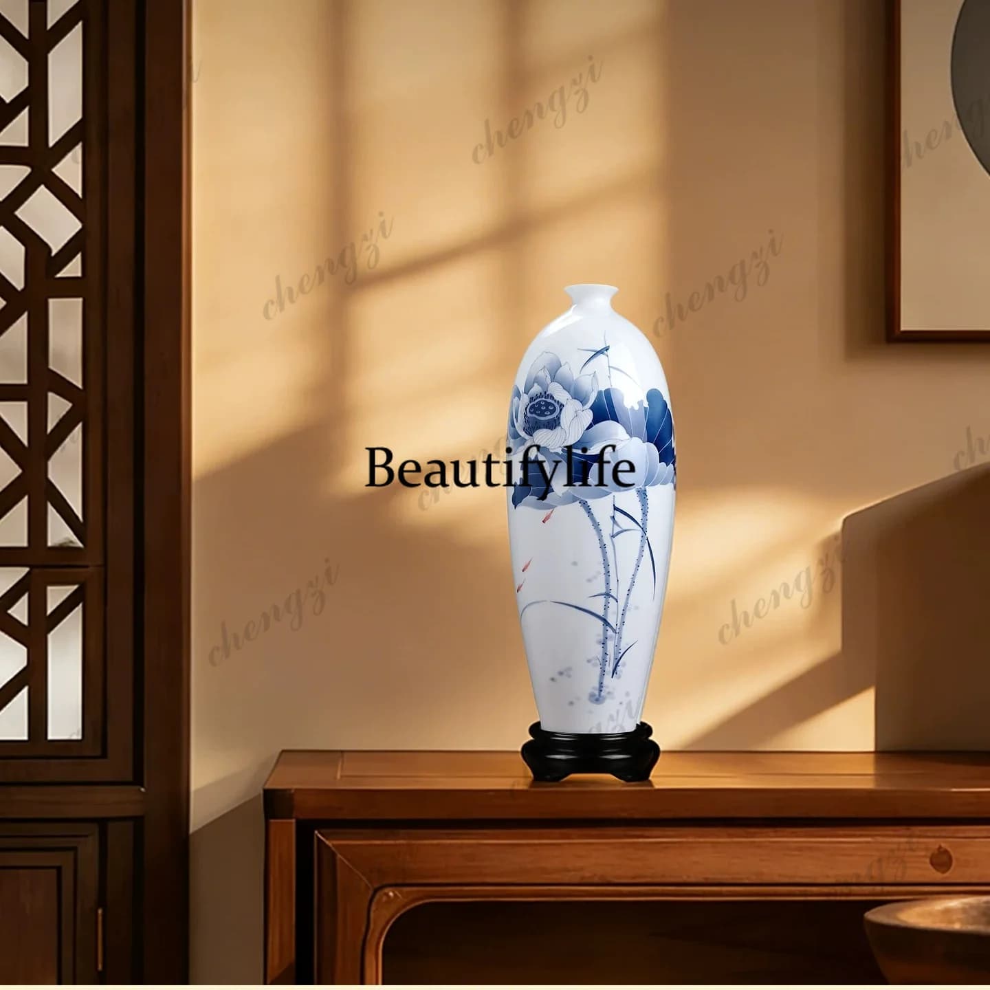 New Chinese hand-painted lotus ceramic vase ornament living room study collection housewarming gifts
