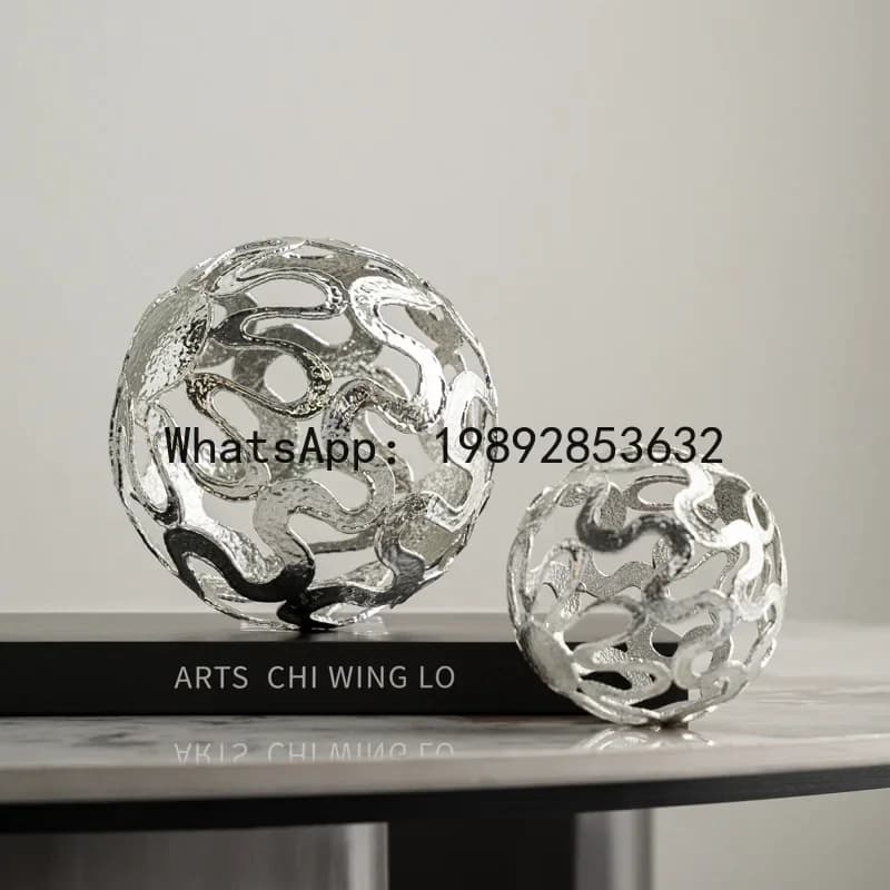 a17 Hollow Metal Ball Wave-shaped Silver Ball Sphere Silver Circle Metal Handicrafts Figurine Home Decoration Accessories