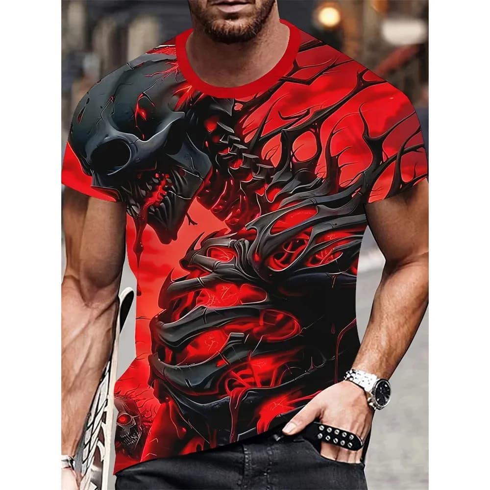 Men Red Black Skeleton 3D Print Crew Neck T-Shirt Gothic Horror Skull Graphic Short Sleeve Tee, Cool Streetwear Casual Daily Top