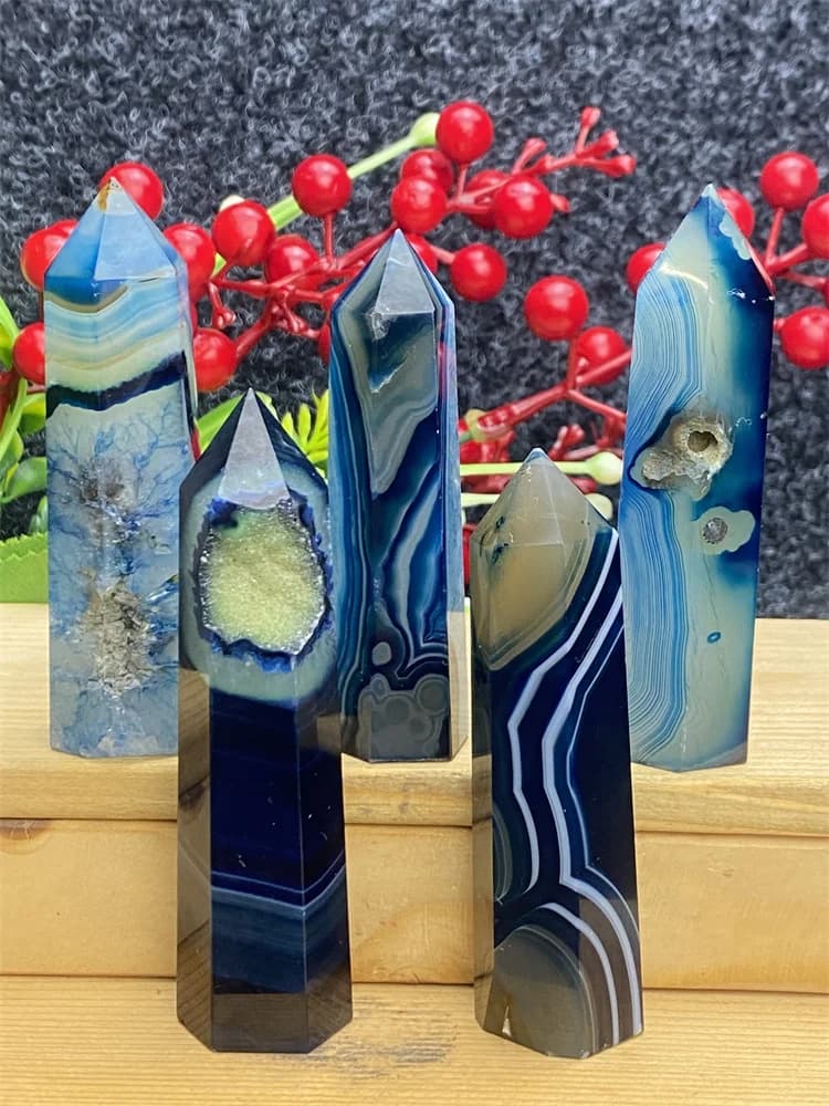 Natural Stone Blue Silk Lace Pattern Agate Crystal Tower Home Decoration Wand Reiki Healing Meditation Chakra Healing Gemstones