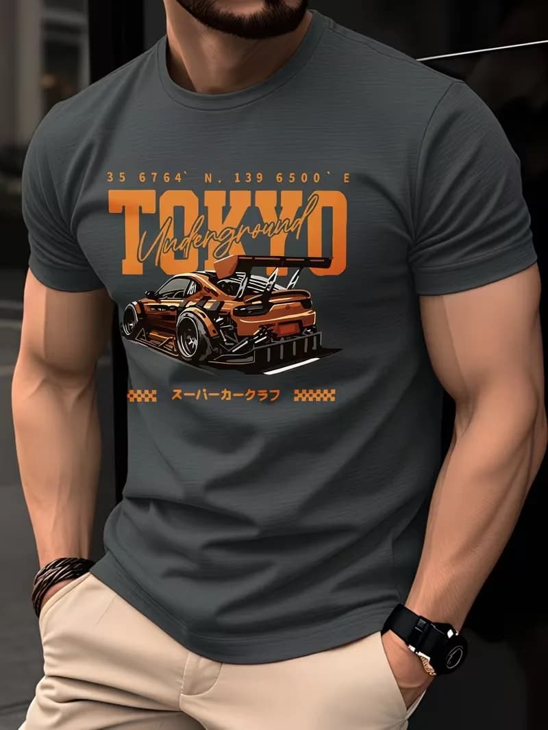 Summer Men's T-shirt short sleeved racing pattern print slim fit trendy top personalized print fashion daily casual men clothing