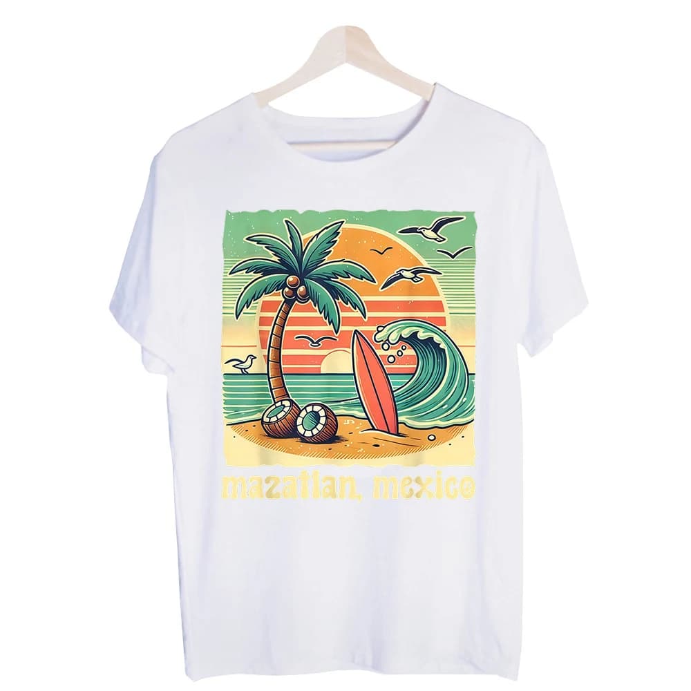 Men's Palm Tree Surfboard Graphic Tee, Vintage Style Short Sleeve T-Shirt for Beach Vacation and Summer Outfits