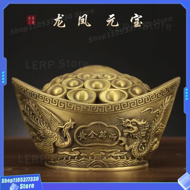 Large Dragon Phoenix Brass Ingot Piggy Bank Solid Copper Ornament Handicraft Decoration Collection Wholesale Gift for Home