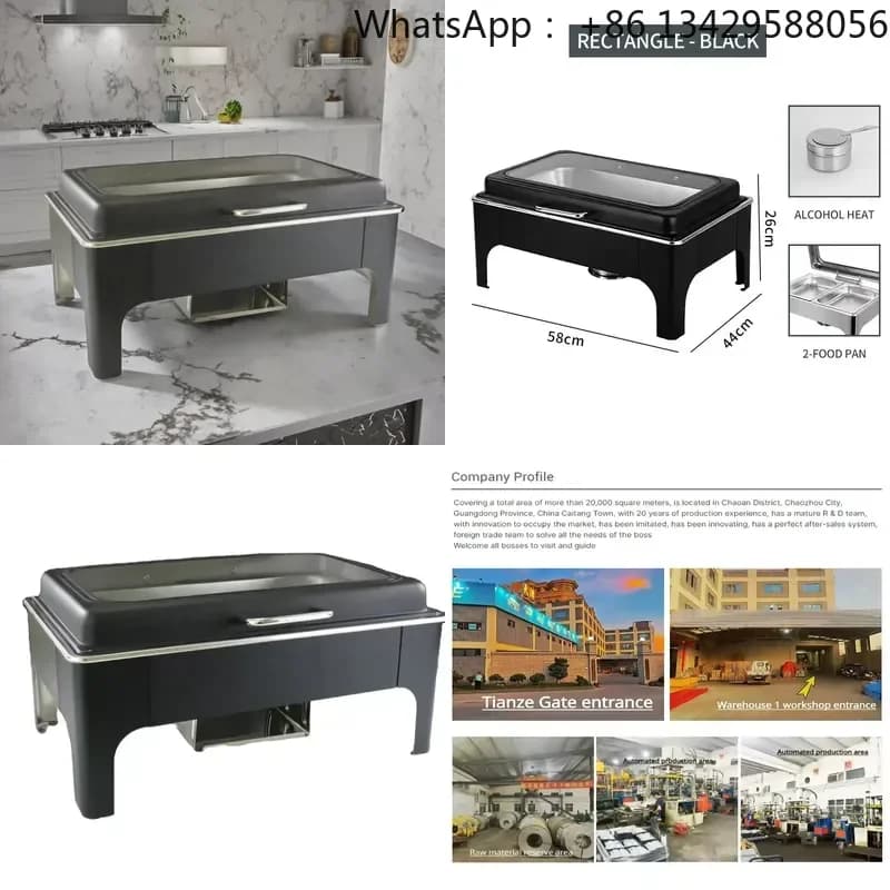 Black Stainless Steel Hydraulic Chafing Dish Buffet Set for Restaurant Equipment 9L Capacity Square Shape Heated Fuel